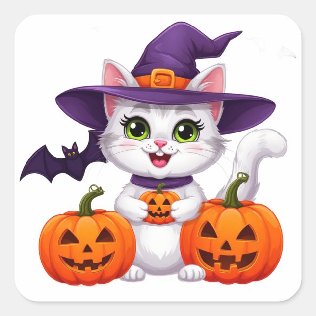 Cute White Kitten Pumpkin Halloween Witch Hat 🎃 Square Sticker (Front)