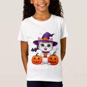 Cute White Kitten Pumpkin Halloween Witch Hat 🎃 T-Shirt