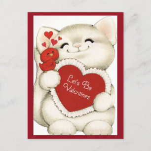 Cute White Kitten & Red Bird Vintage Valentine Postcard