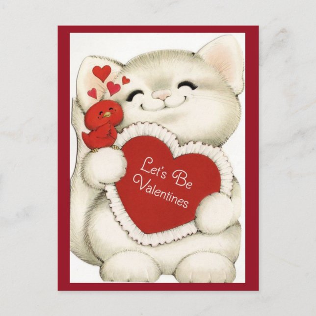 Cute White Kitten & Red Bird Vintage Valentine Postcard (Front)