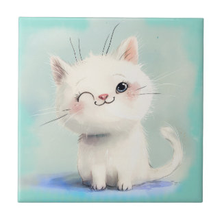 Cute White Kitten Tile