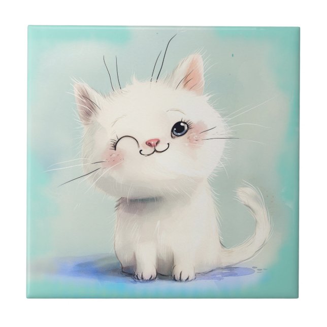 Cute White Kitten Tile (Front)