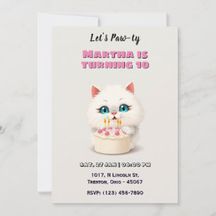 Cute White Kitten with Birthday Cake Personalised Invitation