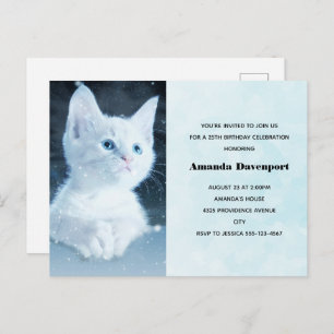 Cute White Kitten with Blue Eyes Birthday Invite Postcard