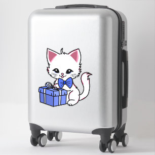 Cute White Kitten with Blue Gift