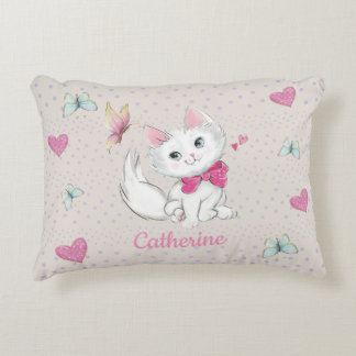 Cute White Kitten with Butterfly on pastel Decorative Cushion