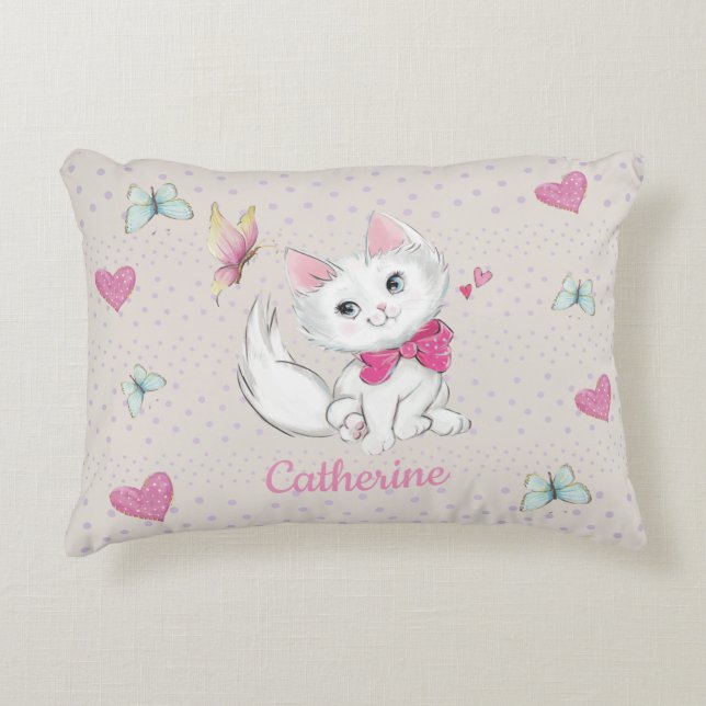 Cute White Kitten with Butterfly on pastel Decorative Cushion (Front)