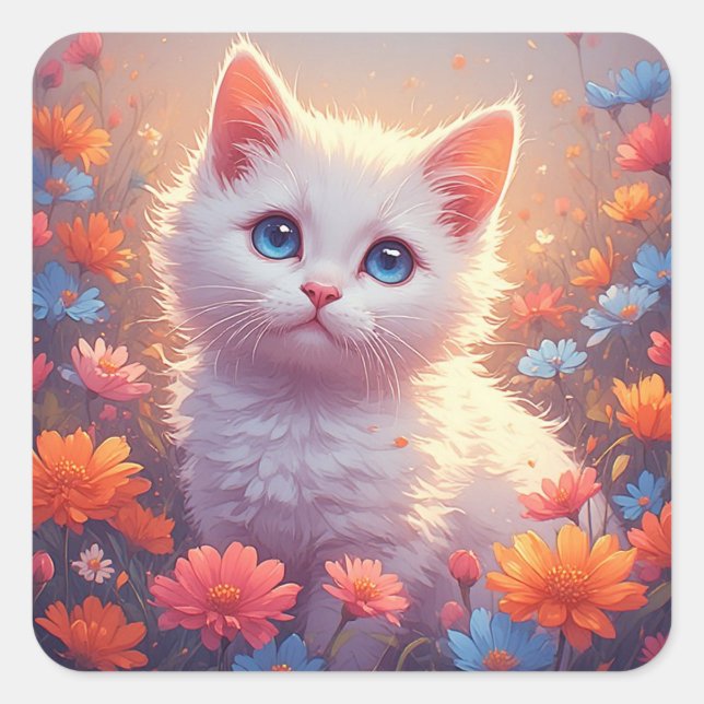 Cute White Kitten With Flowers 💖 Square Sticker (Front)