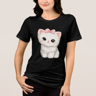 Cute White Kitten with Pink Bow Tri-Blend Shirt