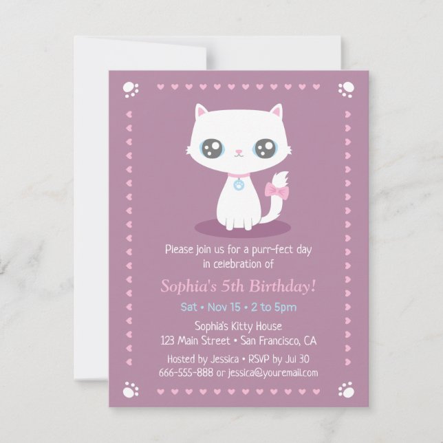 Cute White Kitten With Pink Ribbon Girls Birthday Invitation (Front)