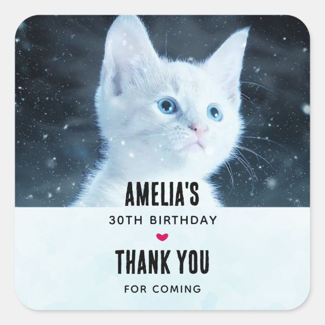 Cute White Kitten with Pretty Blue Eyes Birthday Square Sticker (Front)
