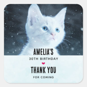 Cute White Kitten with Pretty Blue Eyes Birthday Square Sticker