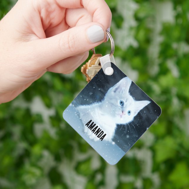 Cute White Kitten with Pretty Blue Eyes Key Ring (Hand)
