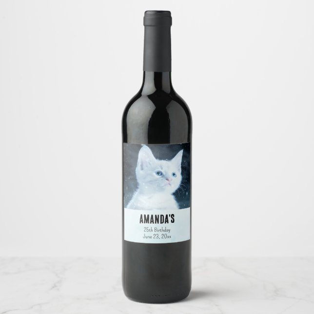 Cute White Kitten with Pretty Blue Eyes Party Wine Label (Front)