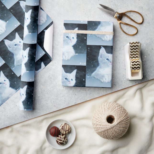 Cute White Kitten with Pretty Blue Eyes Patterned Wrapping Paper (Crafts)