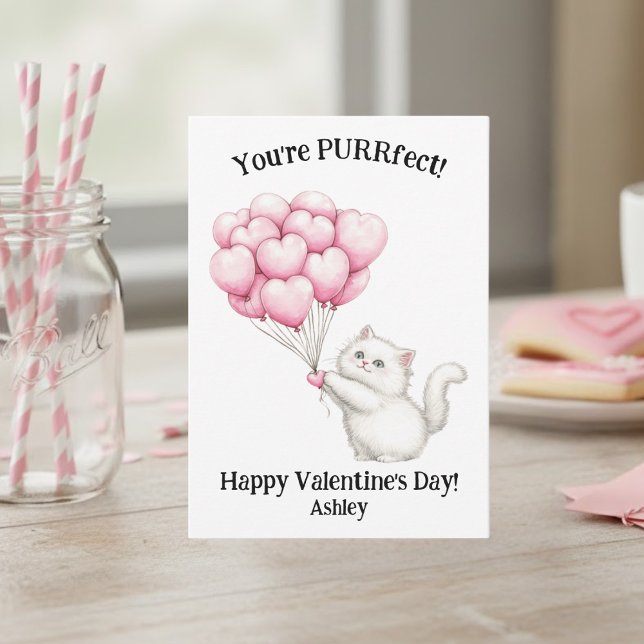 Cute White Kitten You're PURRfect Kids Valentines Card (Creator Uploaded)