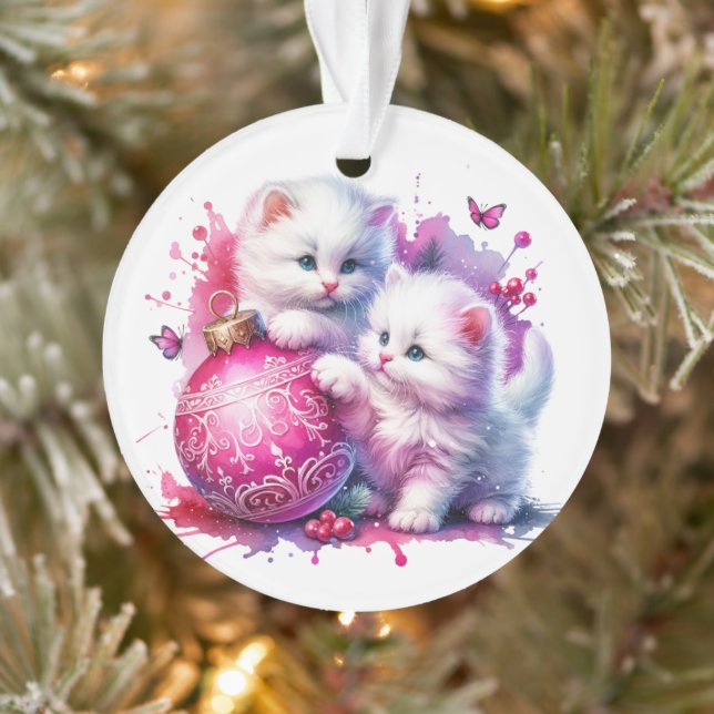 Cute White Kittens Playing with Pink Christmas Ornament (Tree)