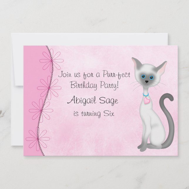 Cute White Kitty Cat and Flowers on Pink Birthday Invitation (Front)