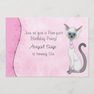 Cute White Kitty Cat and Flowers on Pink Birthday Invitation