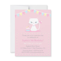 Cute White Kitty Cat Birthday Party Invitations