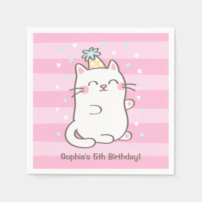 Cute White Kitty Cat Girls Birthday Party Napkins (Front)