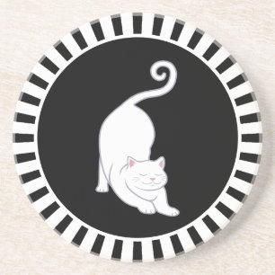 Cute white kitty cat on black & white coaster