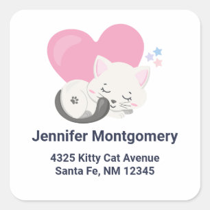 Cute White Kitty Cat Sleeping Address Square Sticker