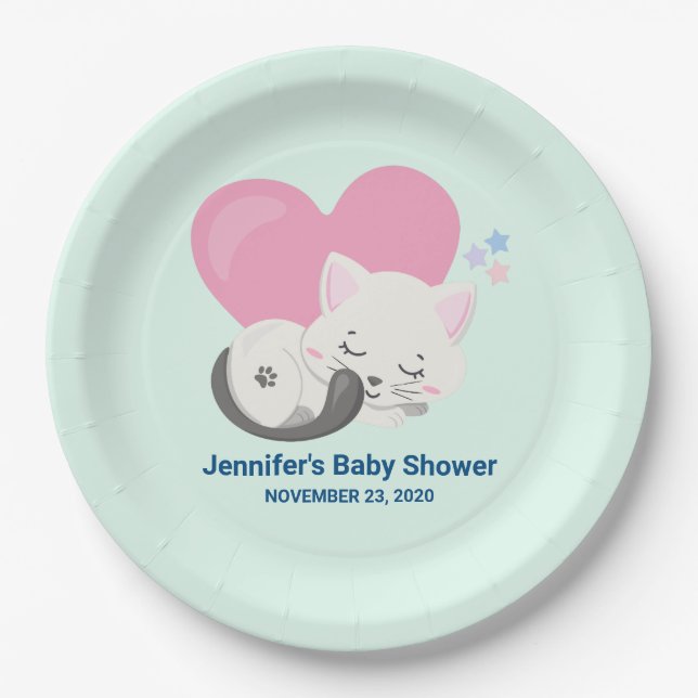 Cute White Kitty Cat Sleeping Baby Shower Paper Plate (Front)
