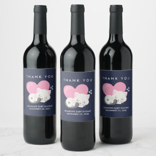 Cute White Kitty Cat Sleeping Baby Shower Wine Label