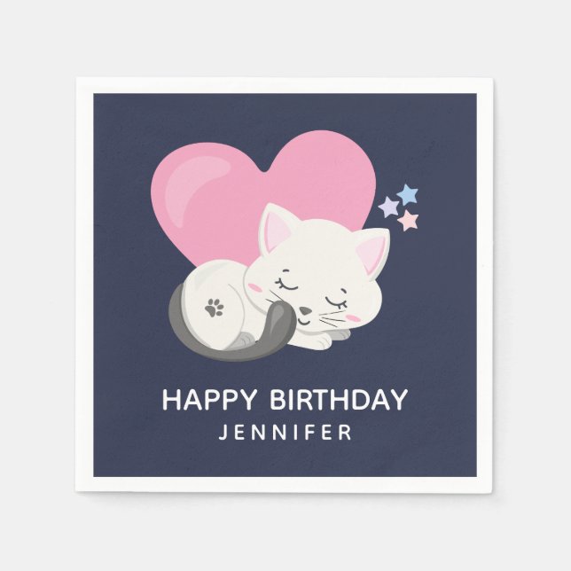 Cute White Kitty Cat Sleeping Birthday Napkin (Front)