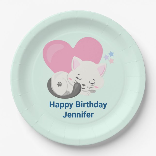 Cute White Kitty Cat Sleeping Birthday Paper Plate (Front)