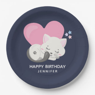 Cute White Kitty Cat Sleeping Birthday Paper Plate