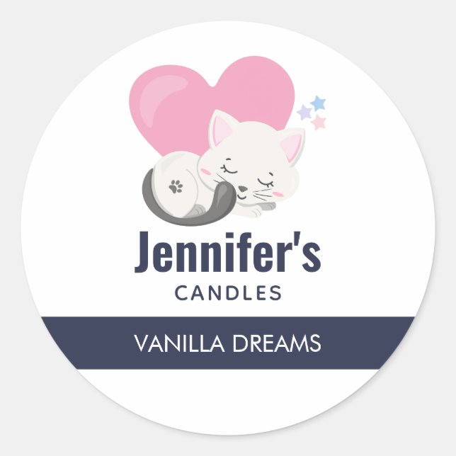 Cute White Kitty Cat Sleeping Candle / Soap Classic Round Sticker (Front)