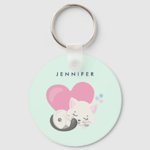 Cute White Kitty Cat Sleeping Key Ring