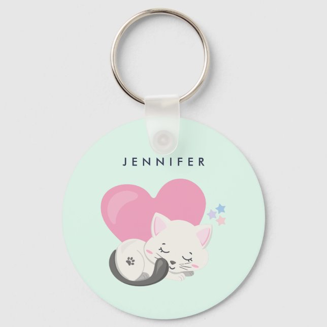 Cute White Kitty Cat Sleeping Key Ring (Front)