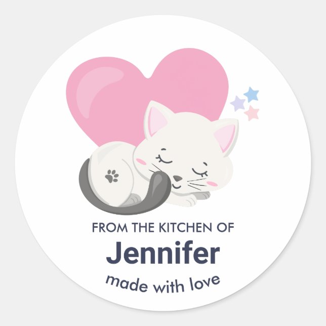 Cute White Kitty Cat Sleeping Kitchen Classic Round Sticker (Front)