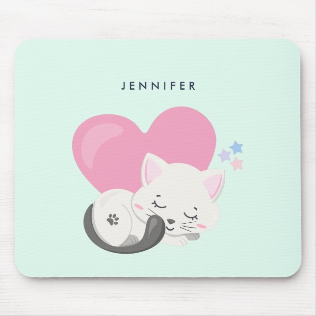 Cute White Kitty Cat Sleeping Mouse Mat (Front)