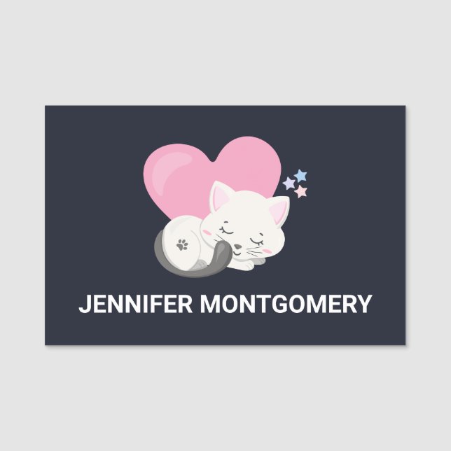 Cute White Kitty Cat Sleeping Name Tag (Front)