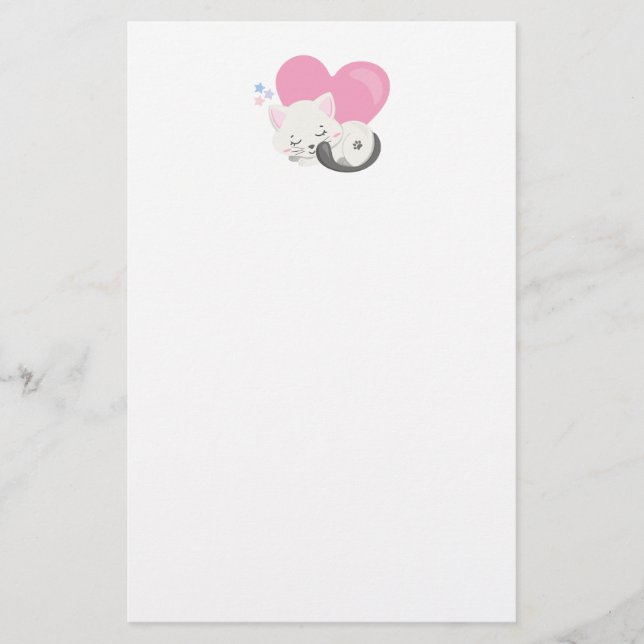Cute White Kitty Cat Sleeping Stationery (Front)