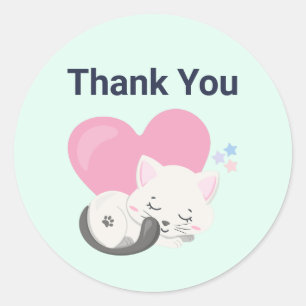 Cute White Kitty Cat Sleeping Thank You Classic Round Sticker