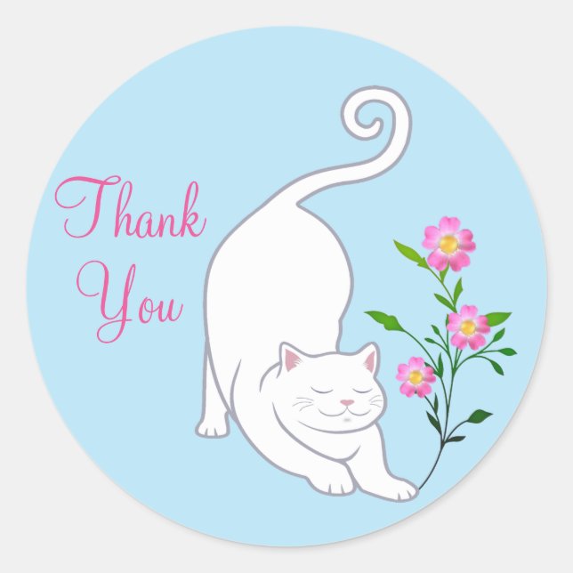 Cute white kitty cat with flowers Thank You Classic Round Sticker (Front)