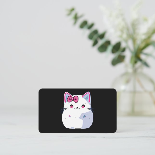 Cute White Kitty Cat with Pink Bowtie Business Card (Standing Front)