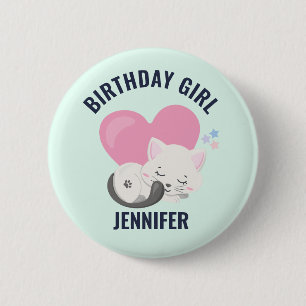 Cute White Kitty Cat with Pink Heart Birthday Girl 6 Cm Round Badge