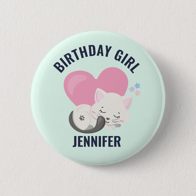 Cute White Kitty Cat with Pink Heart Birthday Girl 6 Cm Round Badge (Front)