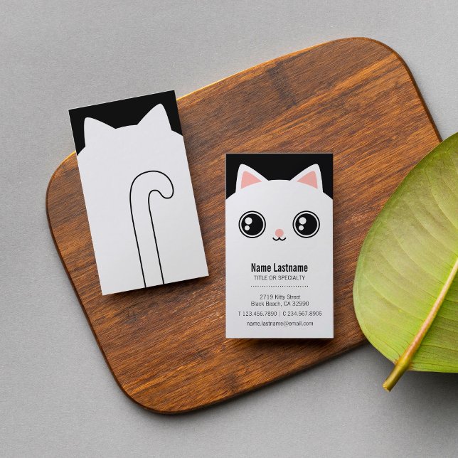 Cute White Kitty Face Pet Sitter Template Business Card (Creator Uploaded)