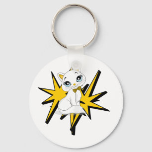 Cute White Kitty Pop Art Illustration Key Ring