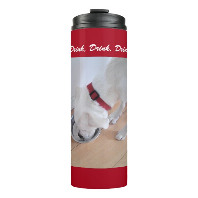 Cute White Labrador Mix Puppy Dog Drinking Water Thermal Tumbler (Front)