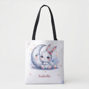 cute white little bunny and the moon tote bag