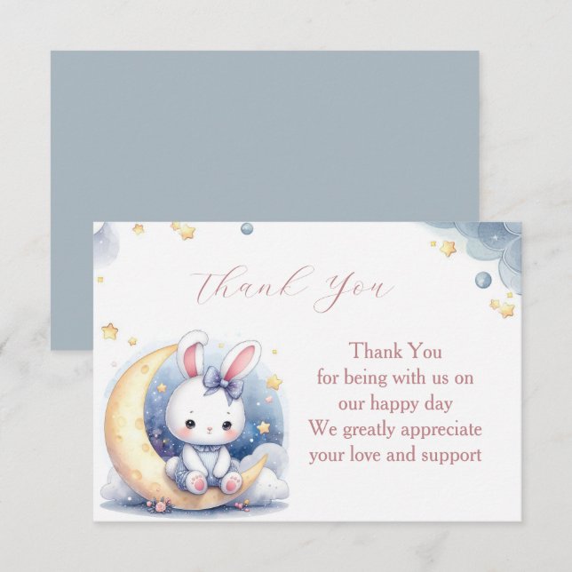 Cute white little bunny sitting on the moon thank you card (Front/Back)