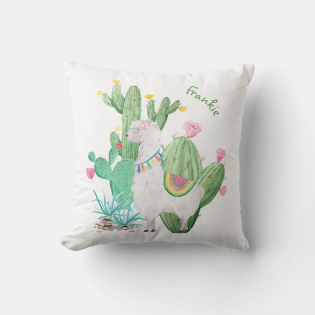 Cute White Llama and Cactus Scene - Personalised Cushion (Front)